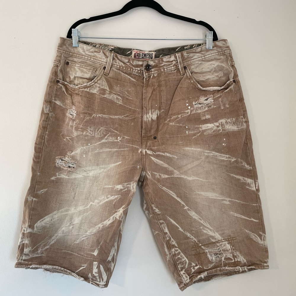 Akoo Empire Tan Distressed Denim Shorts White Splatter Paint Embroidery Tie Dyed